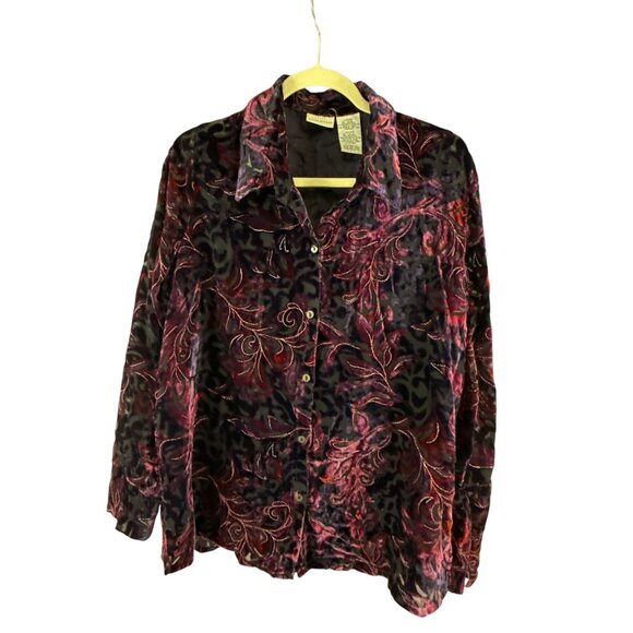 White Stag Burnout Velvet Blouse XL Purple Red Floral Sheer Long Sleeve Feminine - Picture 1 of 9